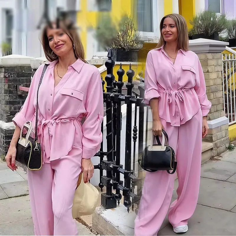 

Women's Pink Pants Set Waist Drawstring Long Sleeve Shirt+ Solid Baggy Pants Casual Loose Roupas Summer Safari Outfit