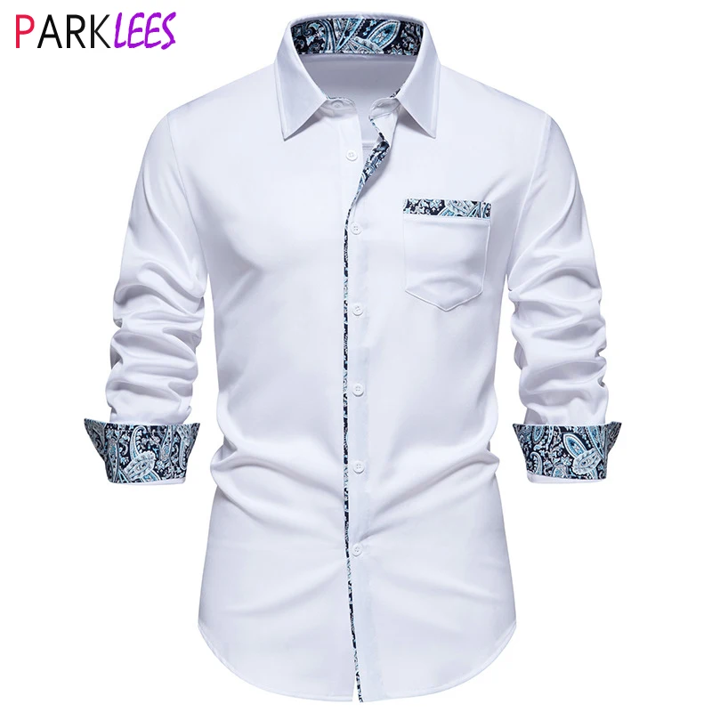 

Mens Stylish Paisley Patchwork Dress Shirts Long Sleeve Button Up Shirt for Men Wedding Party Dinner Tuxedo Shirt Chemise Homme