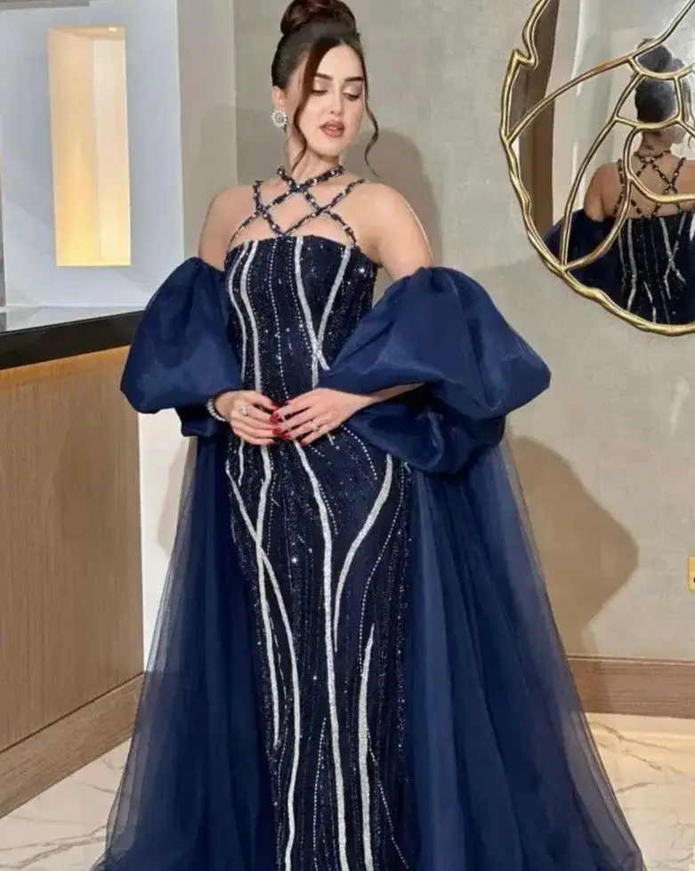 

Jirocum Saudi Arabia Luxury Navy Blue Sequined Evening Dresses Halter Neck Beaded Gown with Puffy Sleeves for Gala & Prom