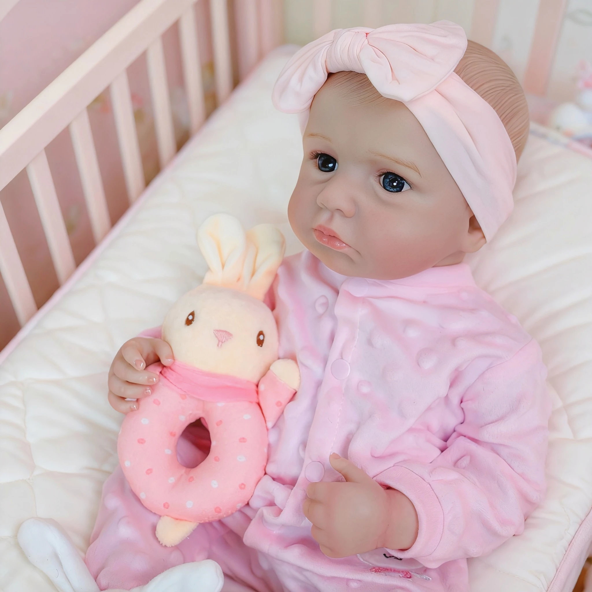 NPK 19 Zoll lebensechte handgemachte LouLou Awake Girl Puppe mit detailliertem Malerei, echte weiche Haptik, niedliche handliche kleine Babyfigur