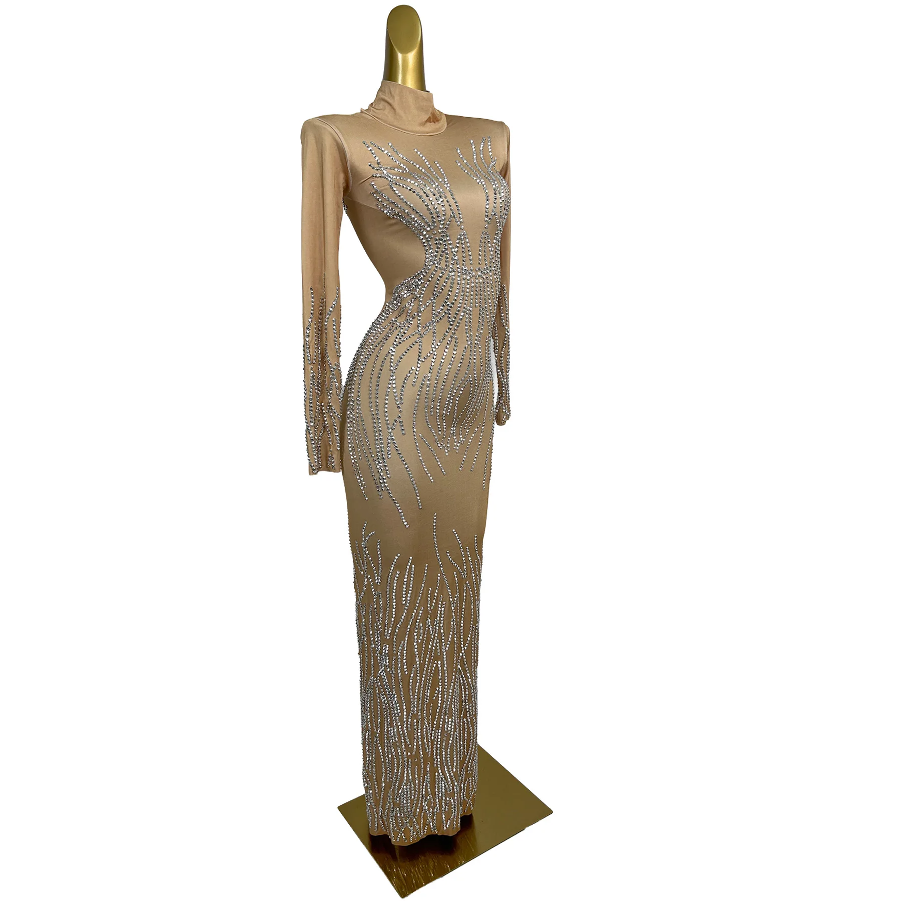 Kuangyinchangqun Women Nude Rhinestone Mermaid Maxi Dress Long Sleeve High Neck Sparkly Formal Evening Party Gown