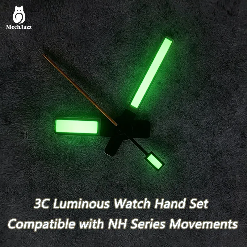 Aiguilles de montre lumineuses MechJazz, vertes, compatibles avec les mouvements NH35 NH36, aiguilles noires, aiguille des secondes orange, pièces de modification de montre