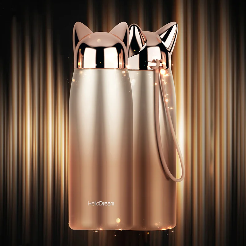 300ml Cute Cat Ear Insulated Bottle Kawaii Stainless Steel Vacuum Flask, Portable Travel Cup for Girls & Gifts