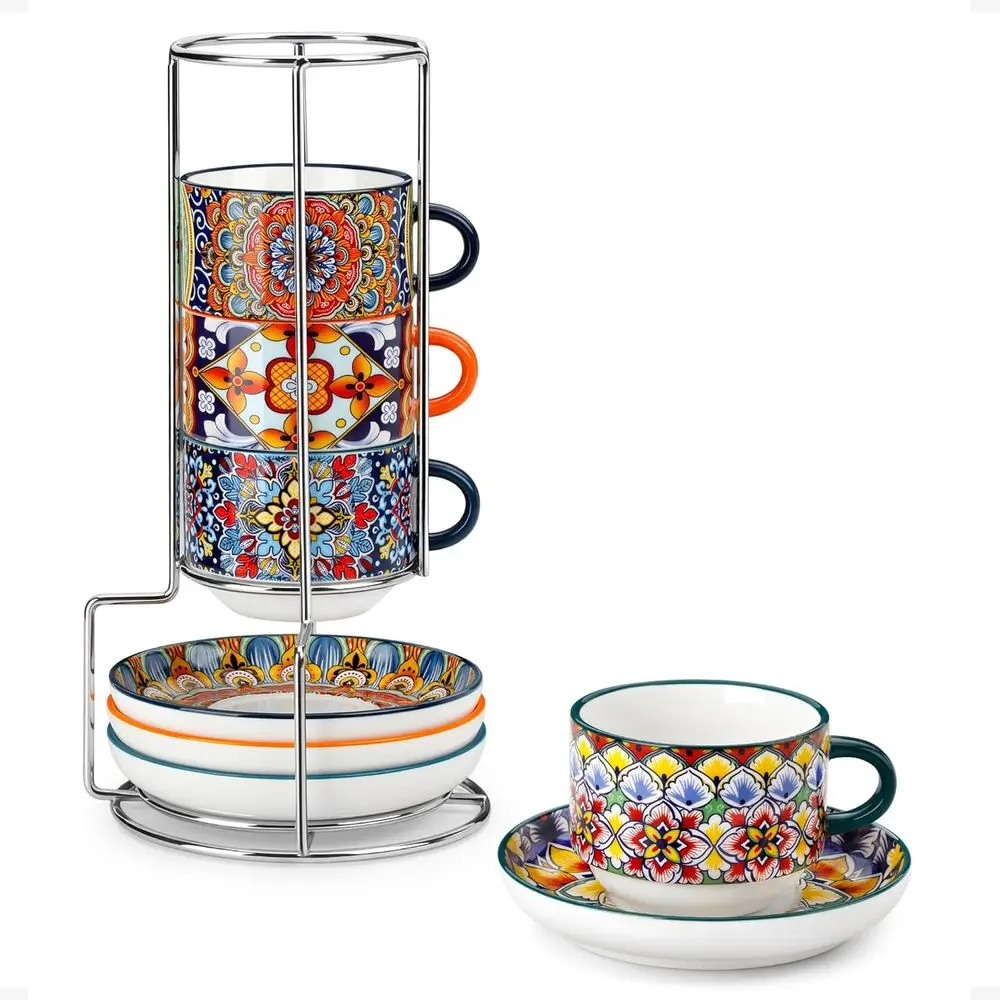 

8 Oz Stackable Cups with Saucers and Metal Stand Set, Ideal for Coffee, Tea, and Latte - Microwave and Dishwasher Safe