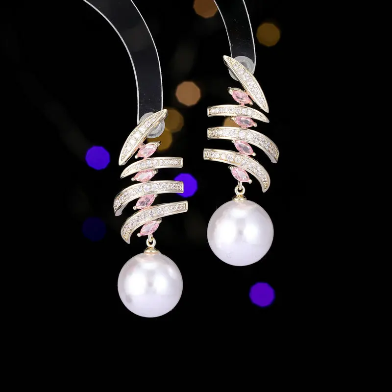 FXLRY New Fashion Zircon Inlay Design Sense Multi-layer Geometric Lines Pearl Earrings for Women