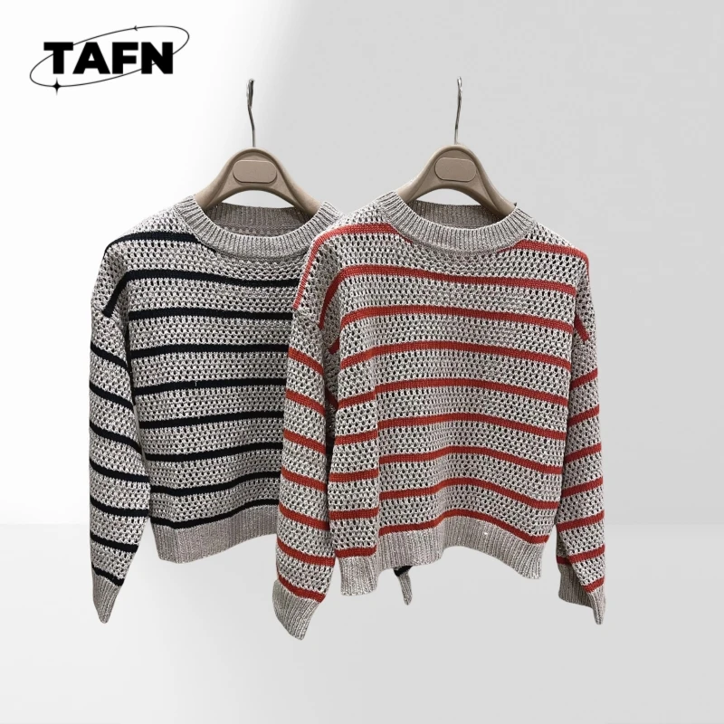 

25 Retro Style High-Grade Leisure Striped Refined Simple All-Match Beautiful Loose Temperame 94% Linen Crew Neck Sweater A25091