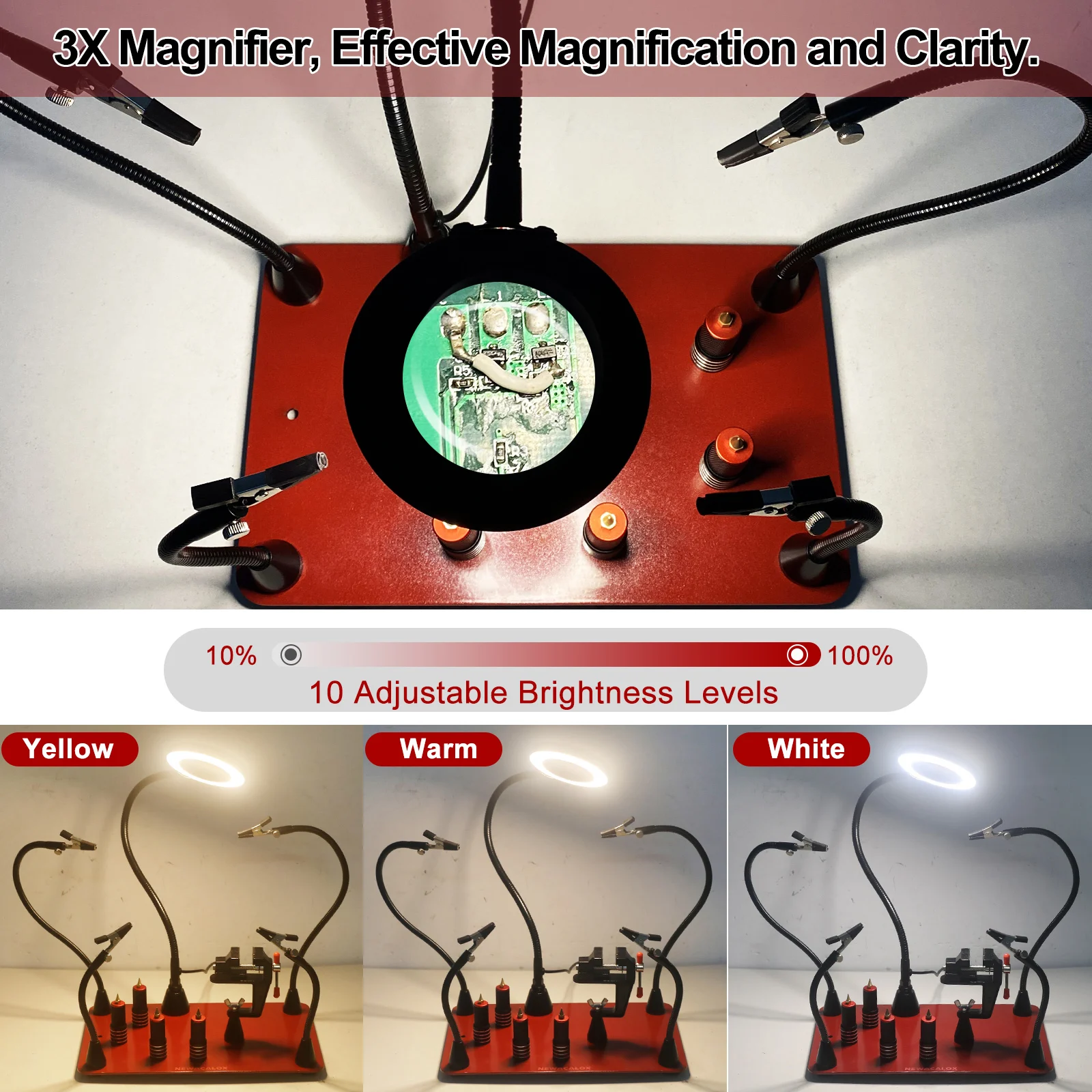 NEWACALOX Heavy Duty Base Welding Workbench with Magnetic Flexible Arm PCB Holder 3X LED Magnifying Lamp for Soldering Repair