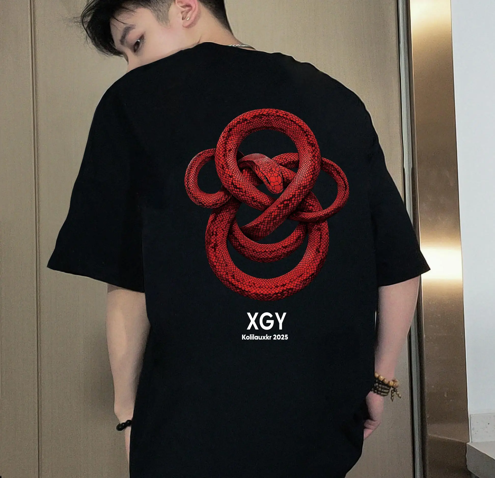 

Motorcycle National Trend Snake Year Short-Sleeved Boys' Summer Popular Printed Cotton Loose Top Cool Popular Version