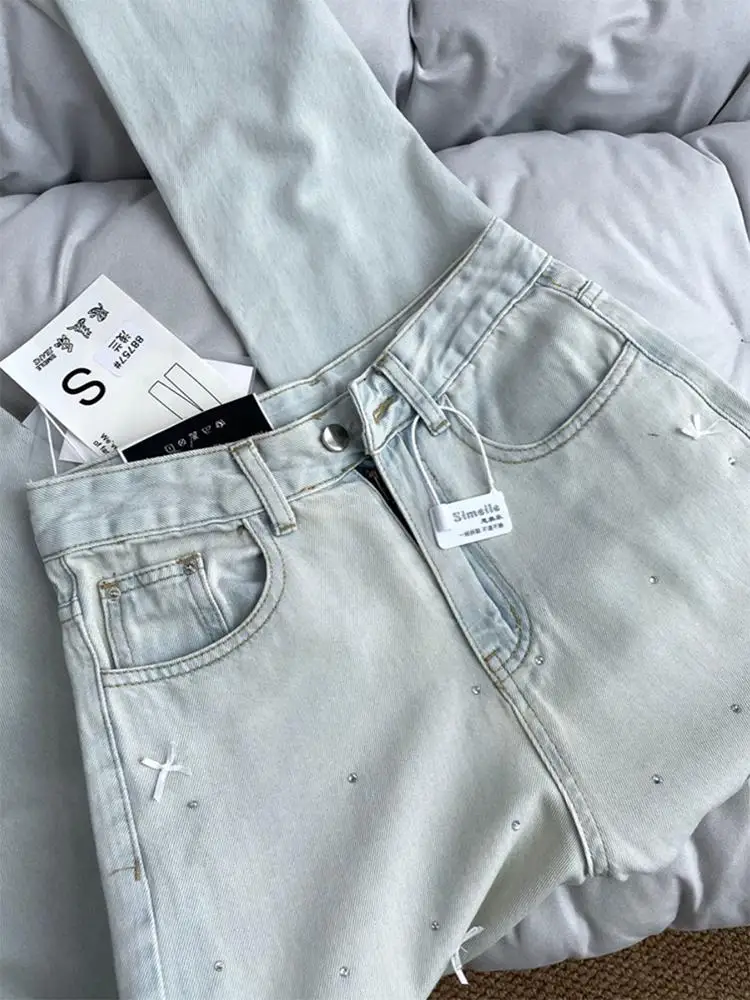 Pantalones vaqueros de pierna ancha con lazo de diamante, pantalón vaquero recto de cintura alta, Retro, azul claro, informal, para primavera y verano