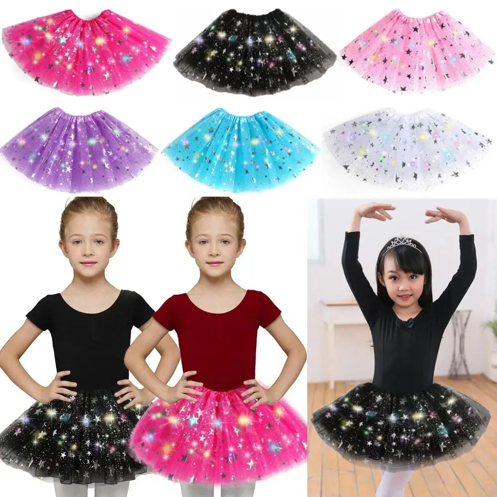 LED Glowing Light Women Tulle Star Skirt Short Tutu Mini Skirt Adult Ballet Dancewear Bouffant Skirt Big Pentacle Net Gauze Skir