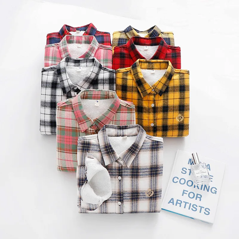 Women's Long Sleeve Plaid Shirts, Cotton Shirt with Velvet, Warm Blouse, Female Thick Cotton, Casual, Autumn, Winter