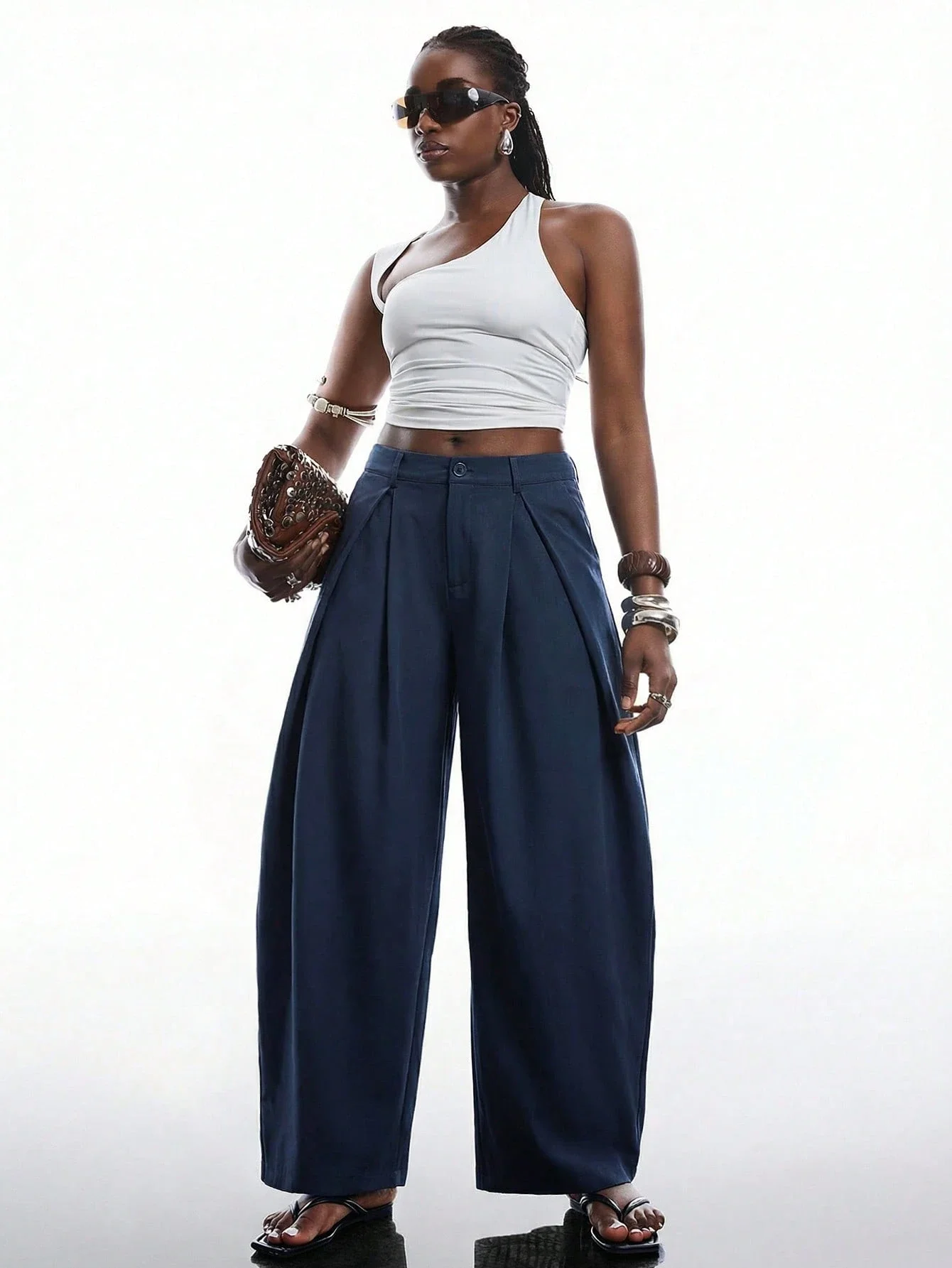 

Винтажные широкие брюки-палаццо темно-синего цвета с высокой талией, повседневный уличный стиль