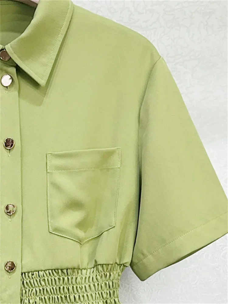 Women Green Shirt Dress Short Sleeve Single Breasted Turn-Down Collar Pleated Elastic Waist Casual Mini Robe