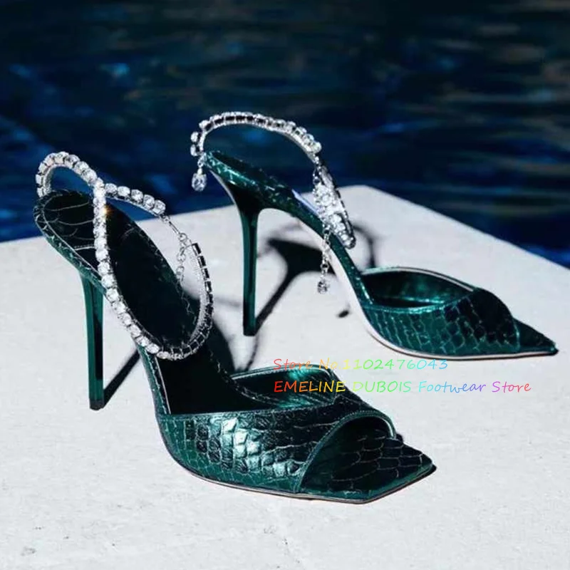 

Snake-Print Leather High Heel Sandals Women Sexy Open Square Toe Crystal Chain Ankle Strap High Stiletto Heel Sparkling Shoes