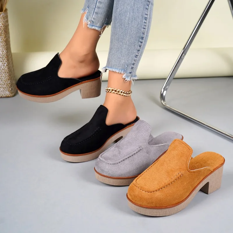 

Suede Mid-heel Slippers for Women To Wear Outside in The Autumn of 2025, Large-sized, Thick-heeled, European-style Flip-flops