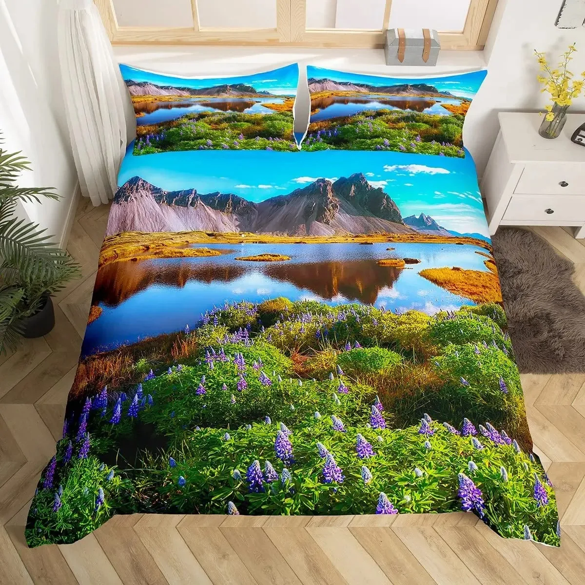 

Nature Landscape Duvet Cover Sunset Comforter Cover Lake Landscape Bedding Set Polyester Spring Flower Bedspread Cover King Size