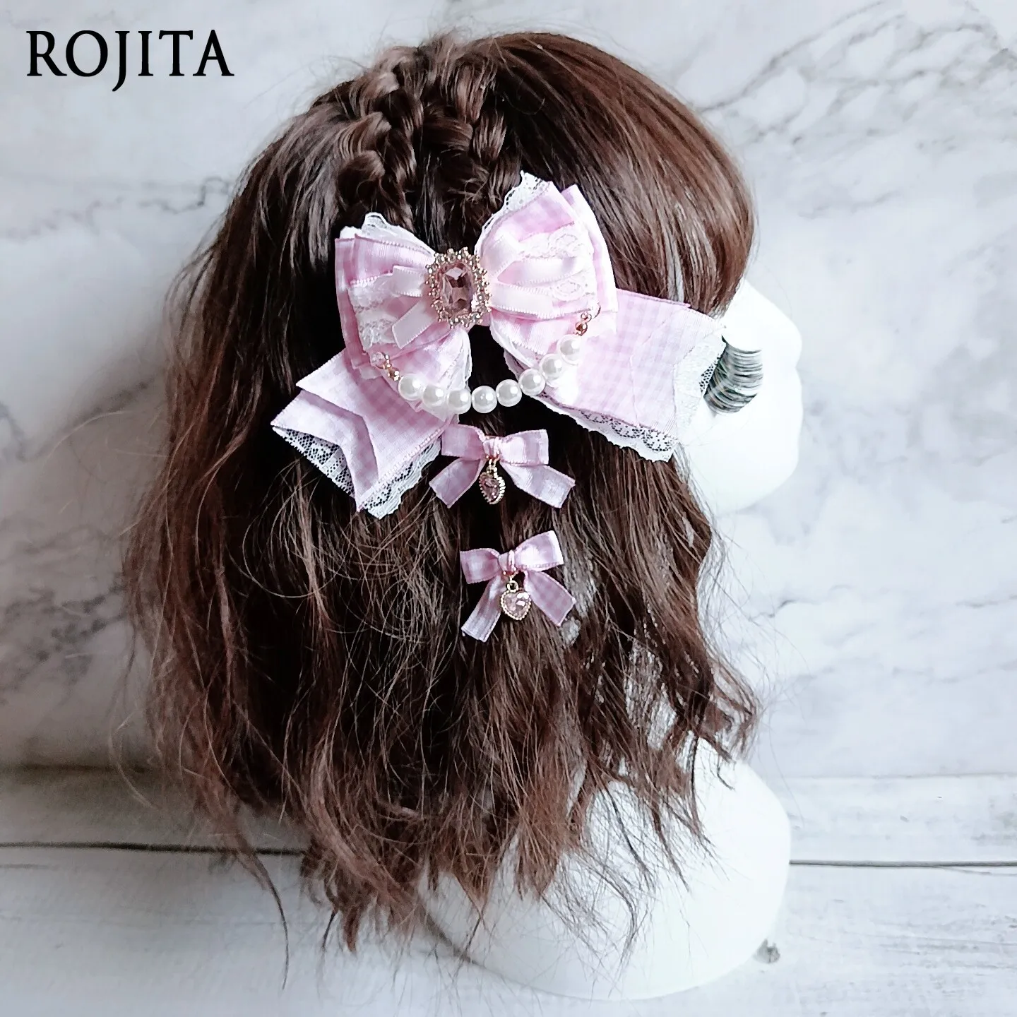 

Bow Hair Accessories Lace Trim Crystal Stone Pearl Chain Hair Barrettes Rhinestone Pearl Chain Lolita Hair Accessories Pair