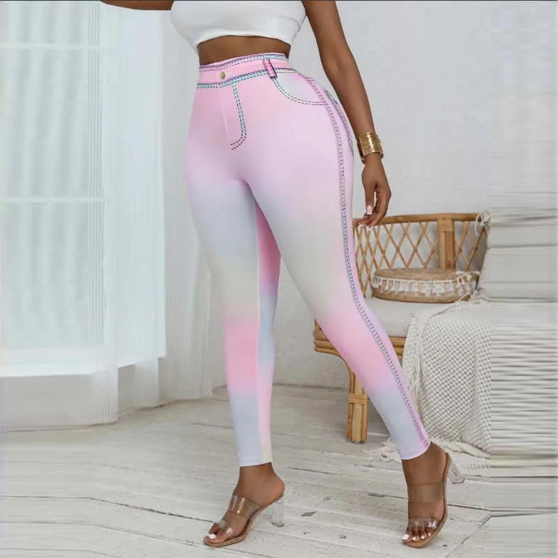 

Women Elastic Tights Sport Leggings Faux Pocket Gradient Pattern Fashion Sweatpants Ladies Casual Gym Pants Large