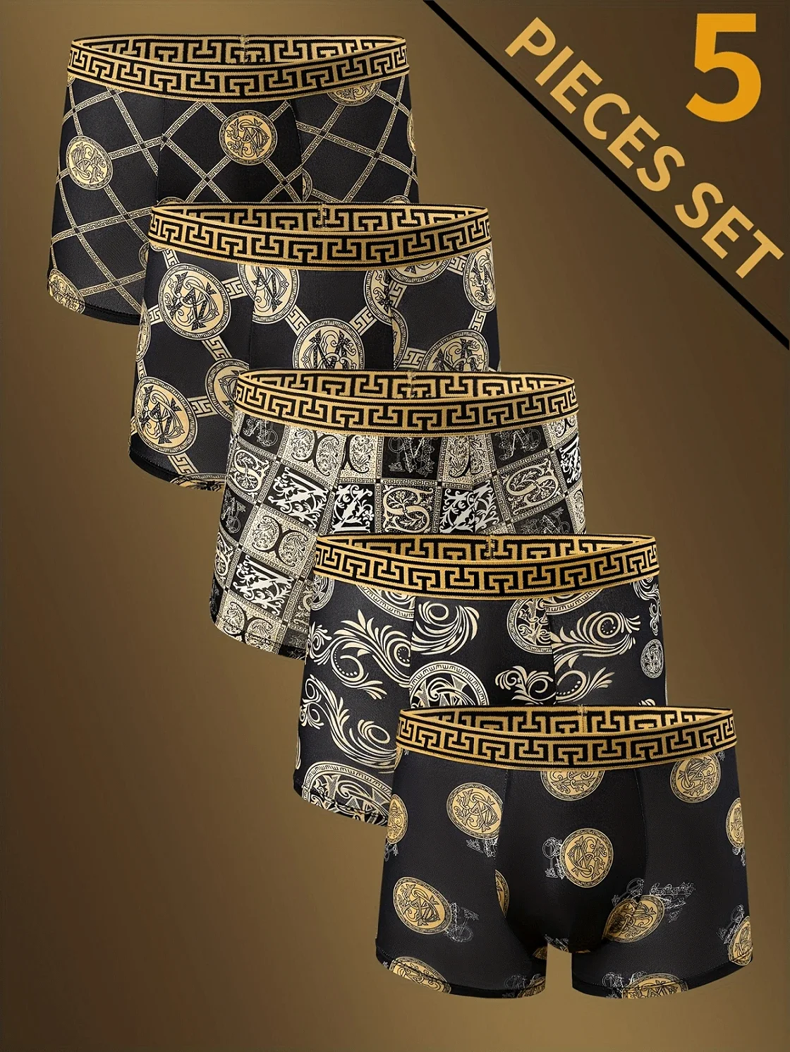 

Набор из 5 мужских трусов-боксеров класса люкс в черно-золотых тонах: комфортное и дышащее нижнее белье