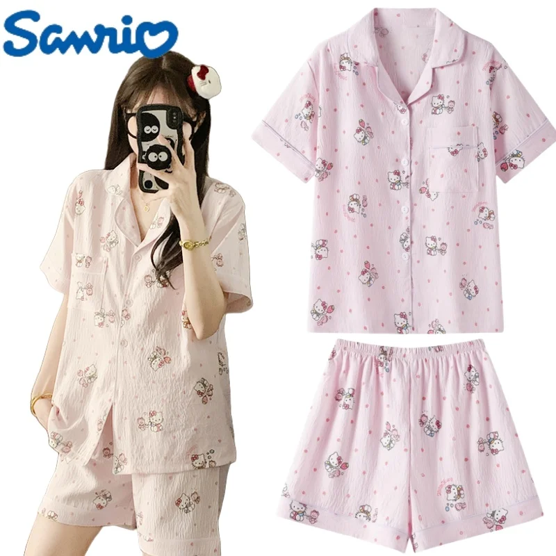 

Комплект домашней одежды Sanrio, пижамы Hellokitty с героями мультфильмов, шорты с короткими рукавами и нагрудными подушечками, повседневные модные праздничные подарки для девочек