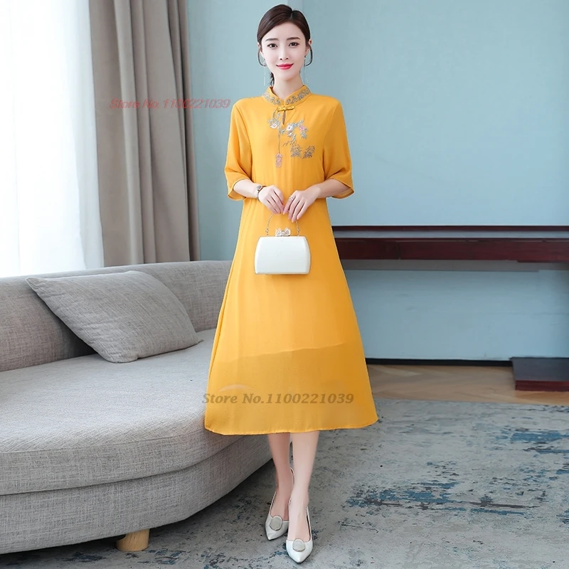 2025 national flower embroidery chiffon cheongsam improved qipao dress traditional a-line dress banquet evening dress vestido