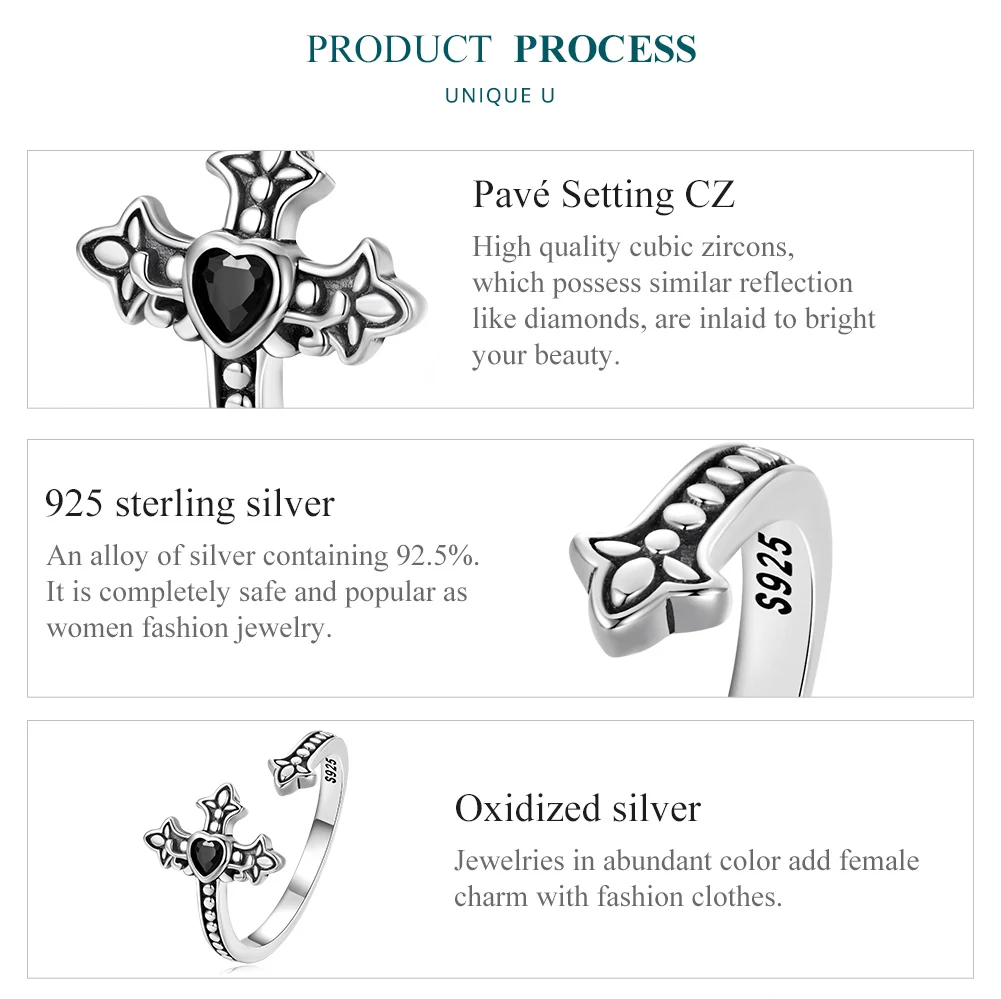 BAMOER Faith Cross Ring 925 Sterling Silver Black Zircon Vintage Pattern Open Ring for Women Statement Jewelry BSR298