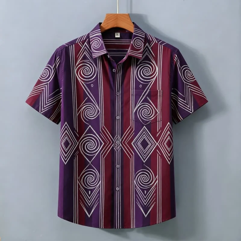 

Men's Tribal Geometric Printed Short Sleeved Shirt With pockets, Simple And Fun style, For Summer Leisure And Outdoor Travel