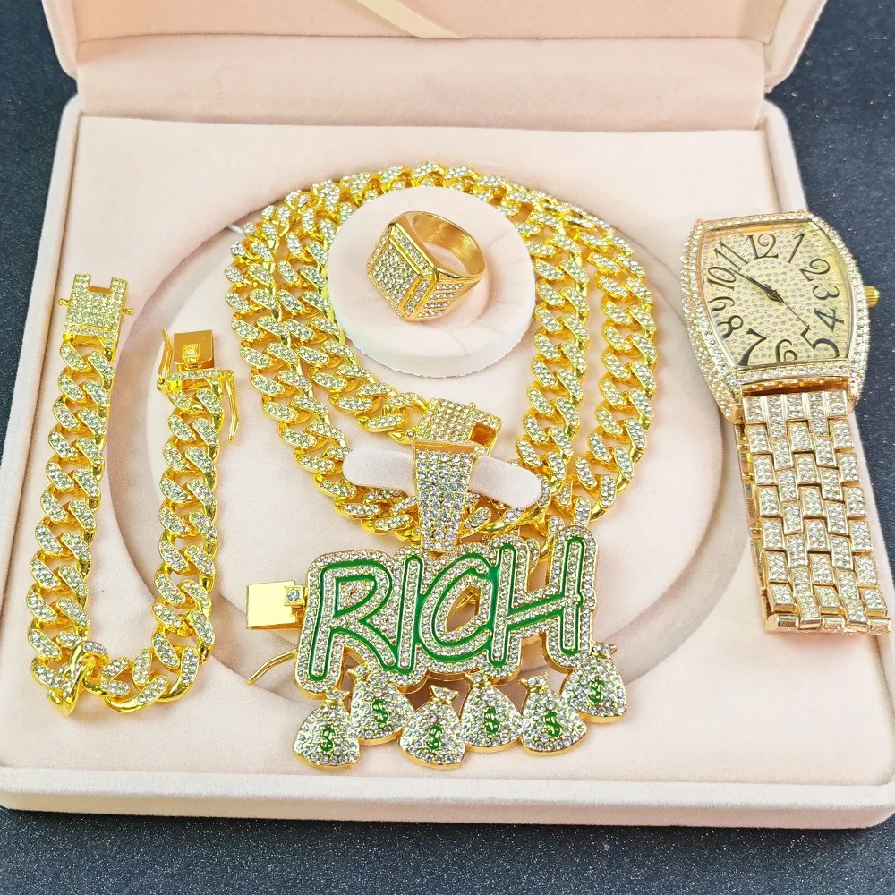 

Часы в стиле хип-хоп для мужчин, подарочный набор Iced Out, кварцевые часы, браслет, ожерелье, кулон RICH с кольцами, набор наручных часов, ювелирные изделия