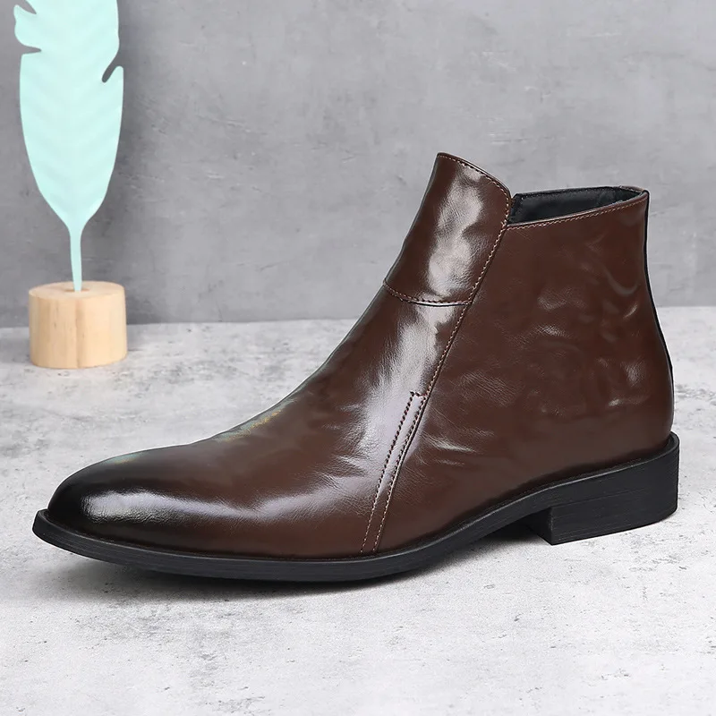 

Designer Genuine Leather Casual Shoes Pointed Toe Leisure Dress Shoes Winter Plush Chelsea Boots