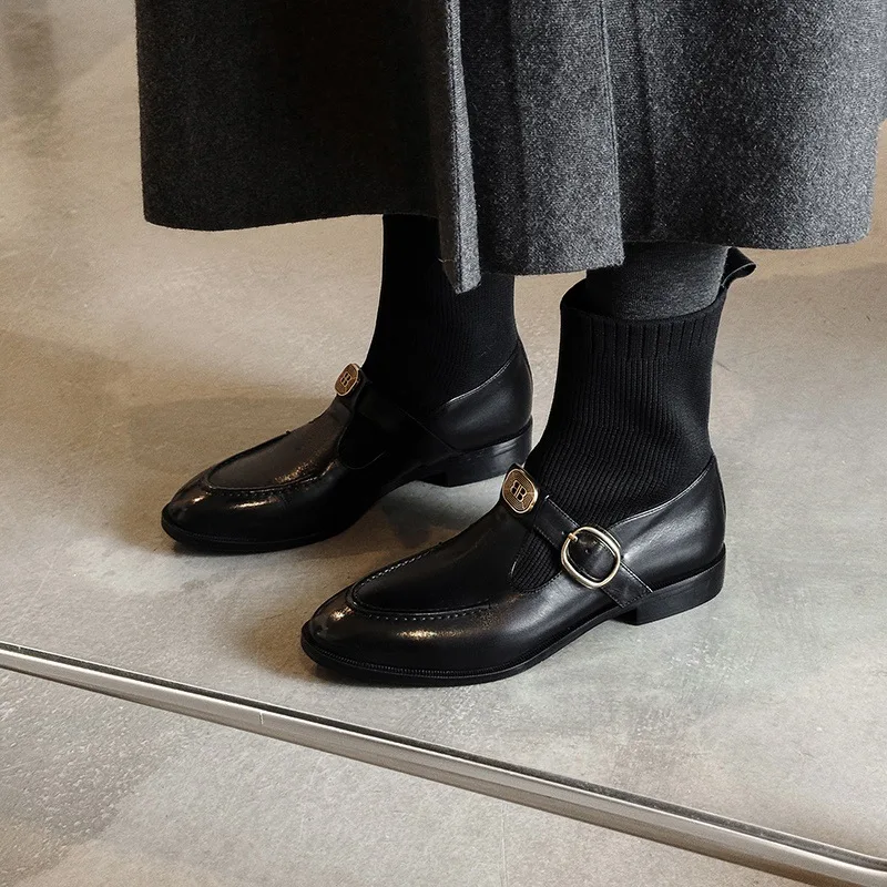 2025New Leather Knitted Thin Short Boots for Women's Socks Winter Elastic Boots Round Headed loafers Fashionable Commuting Boots