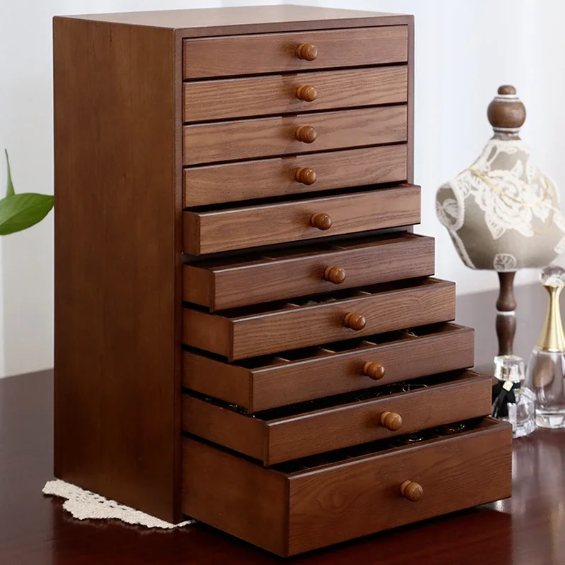 

Solid Wood Dressing Table Storage Boxes Earrings Necklace Jewelry Organizer Accessories Multi-layer Rings Collection Makeup Box