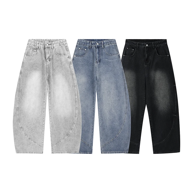 2026 Autumn Men Curved Seam Baggy Jeans Vintage Wash High Waist American Street Wide Leg Denim Pants