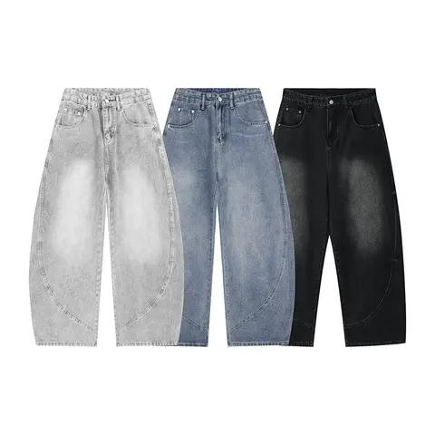 2026 Autumn Men Curved Seam Baggy Jeans Vintage Wash High Waist American Street Wide Leg Denim Pants