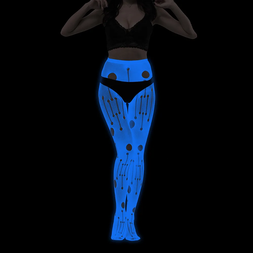Collants Sexy ajourés bleu vert qui brillent dans la nuit pour femmes, collants Hipster à haute élasticité