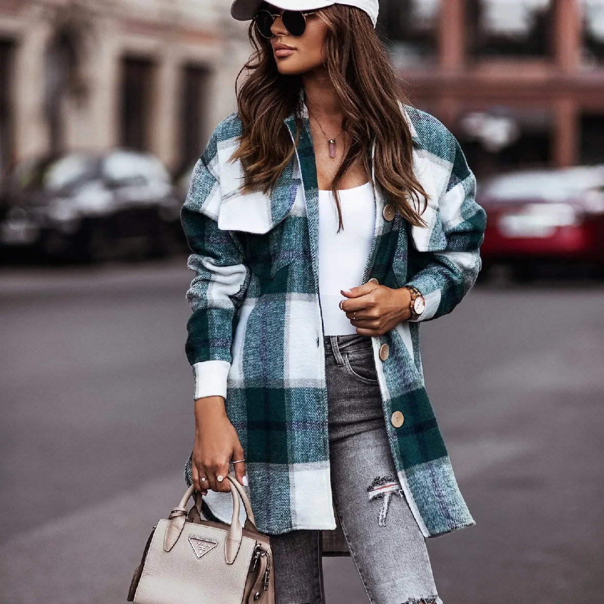 

Новинка 2026, модная повседневная рубашка средней длины в клетку, пальто, женская одежда