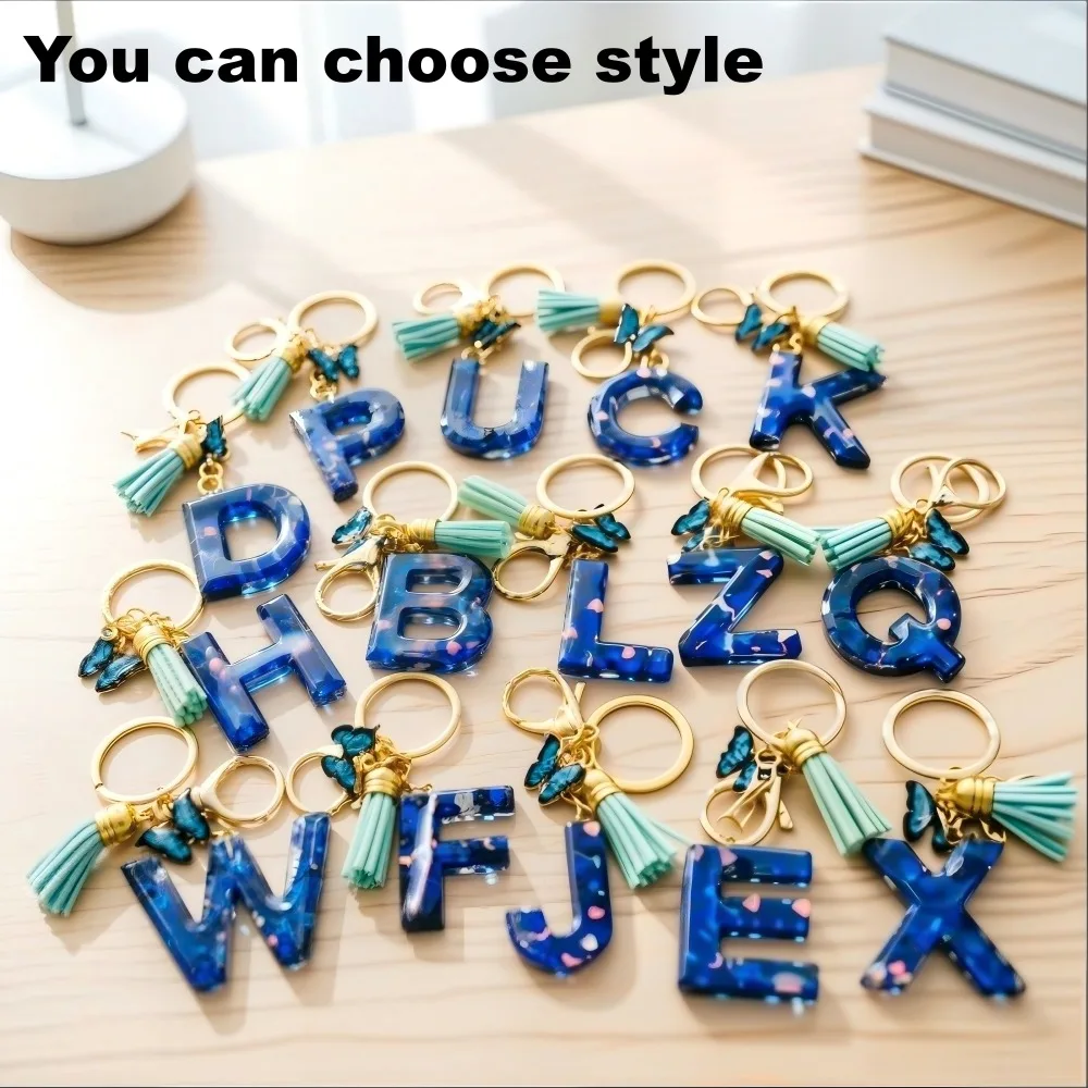 

Fashion Blue Glazed Stone A To Z Letter Keychain 26 Initials Alphabet Butterfly Tassel Pendant Car Key Chain Women Trinkets Bulk