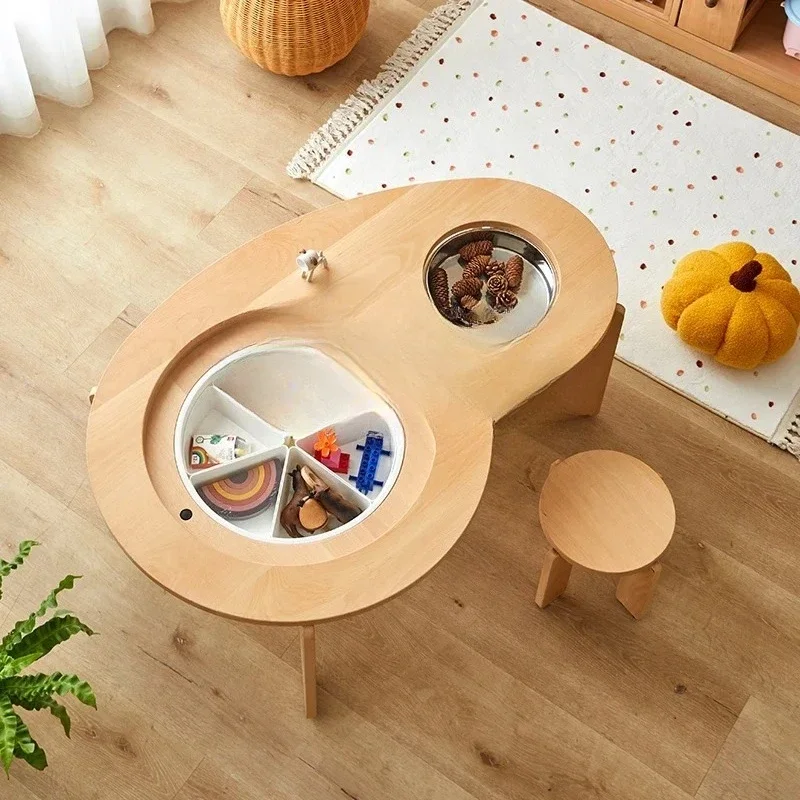 Y Solid wood desk learning game sensory handmade storage kindergarten peanut table