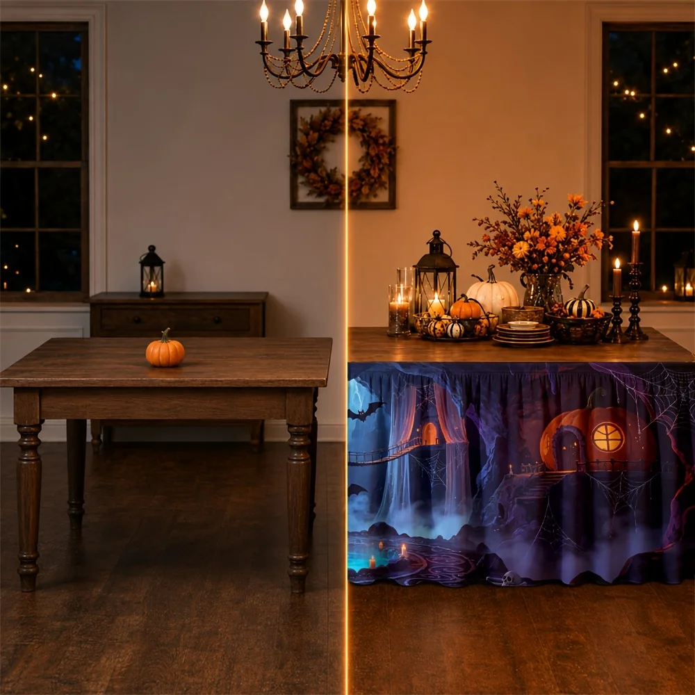 1 tablecloth, Halloween pumpkin haunted cave bat witch cat glowing lanternzyc