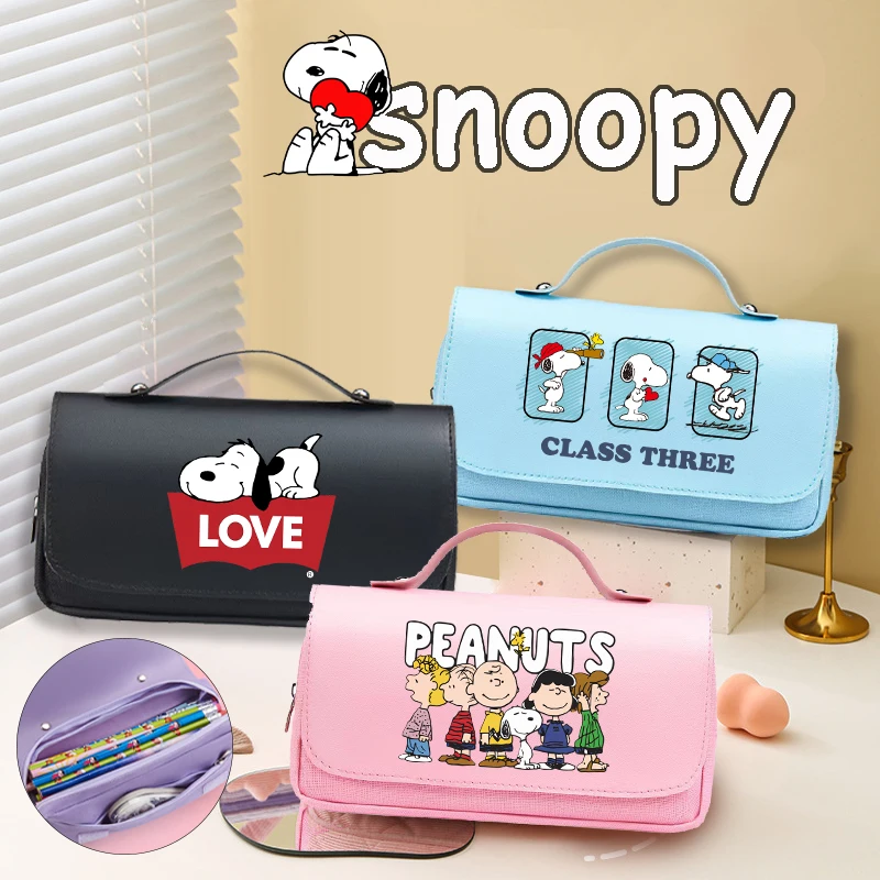 Snoopy Pencil Case Leather Flip Cover Pencilbag Fashion Handbags Boys Girls Back To School Cartoon Anime Stationery Storage Bags