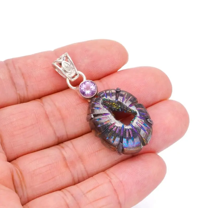 

StarGems Natural Titanium Drusy&Amethyst Handmade 925 Sterling Silver Pendant 1 3/4" F6627