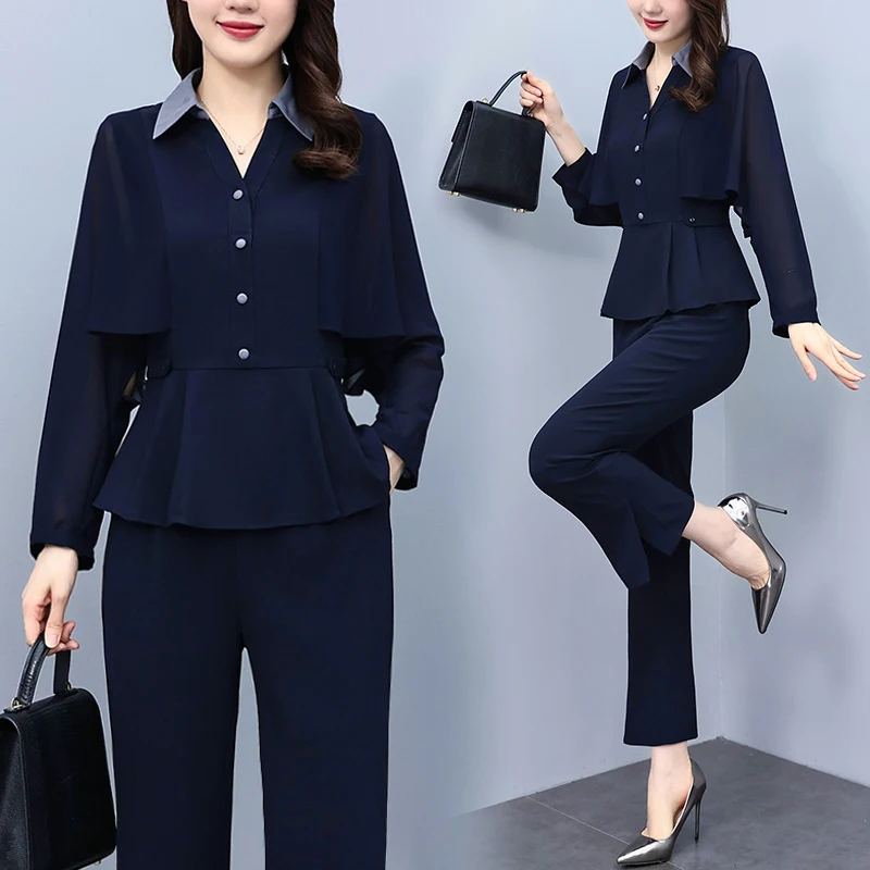 Fashion Oversize Women Pants Sets For Spring Autumn 2023 New False 2 Pieces High Office Lady Pantsuits Outfits Top Quality