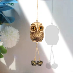 Realistic Owl Bell Pendant Decorative Garden Animals Statue Scarecrow Bird Repellent Outdoor Lawn Backyard Sculptures Wall Decor