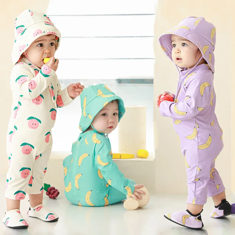 

New 2025 Children's One-Piece Swimsuit Long Sve Sun Protection Swimming Costume Boys And Girls Baby Swimming Suit Cap
