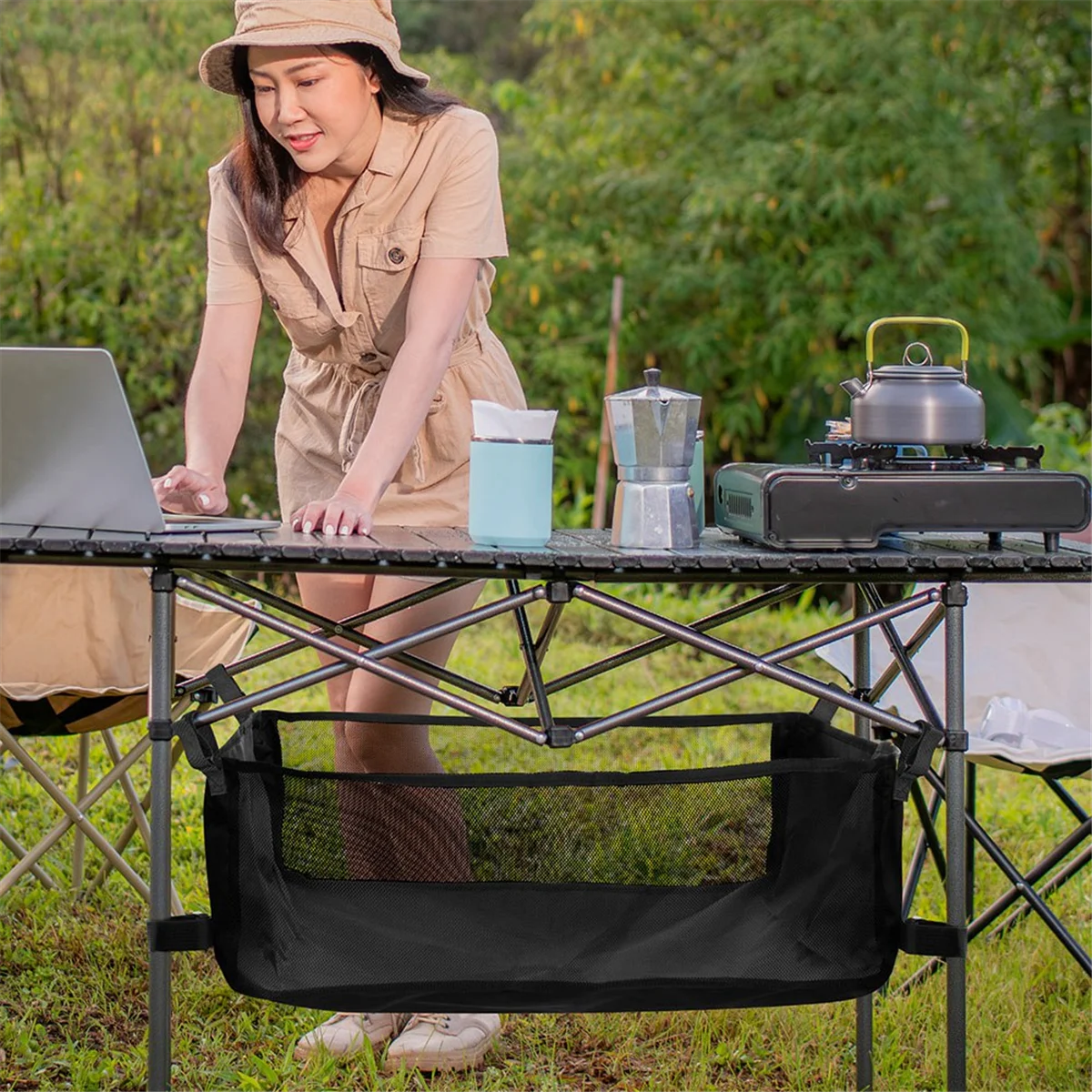 2525+ Camping Table Hanging Net Mesh Basket Organizer Rack Bag Net Bag Under Table Storage Bag for Outdoors Picnic Cookware