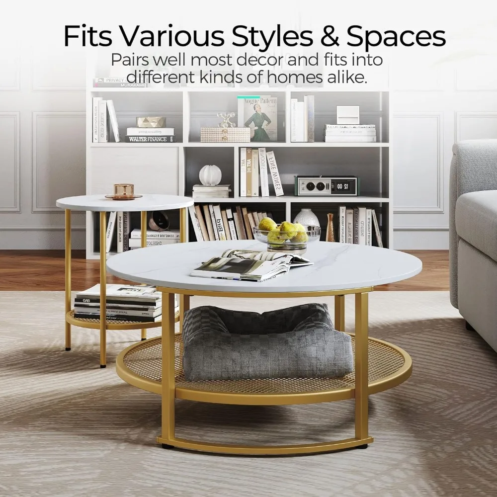 Modern Coffee Table With Open Storage Mesa Lateral Home Round Coffee Table Set of 2 for Living Room White and Gold Freight Free