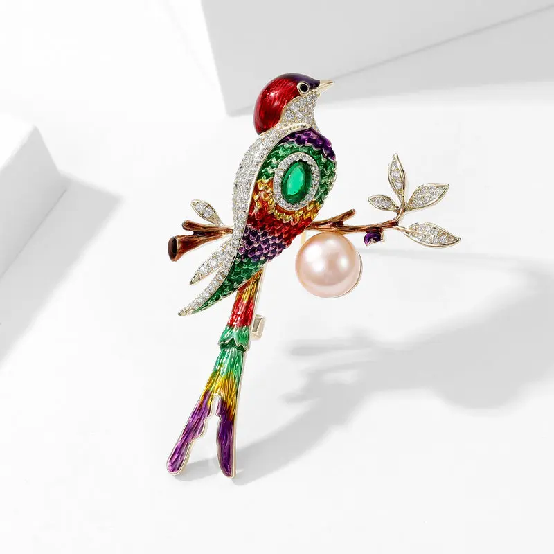 Novo vestido cheongsam esmaltado com gota de óleo colorida estilo chinês, broche cardigã corpete, broche de pérola de água doce pássaro magpie