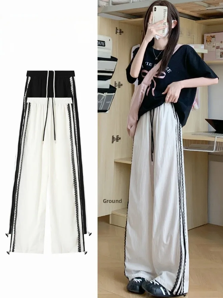 

Women's Summer Work Pants High Waist Wide Leg Straight Cut Lace Trim Qui Dry Loose Fit Casual Spor Trousers