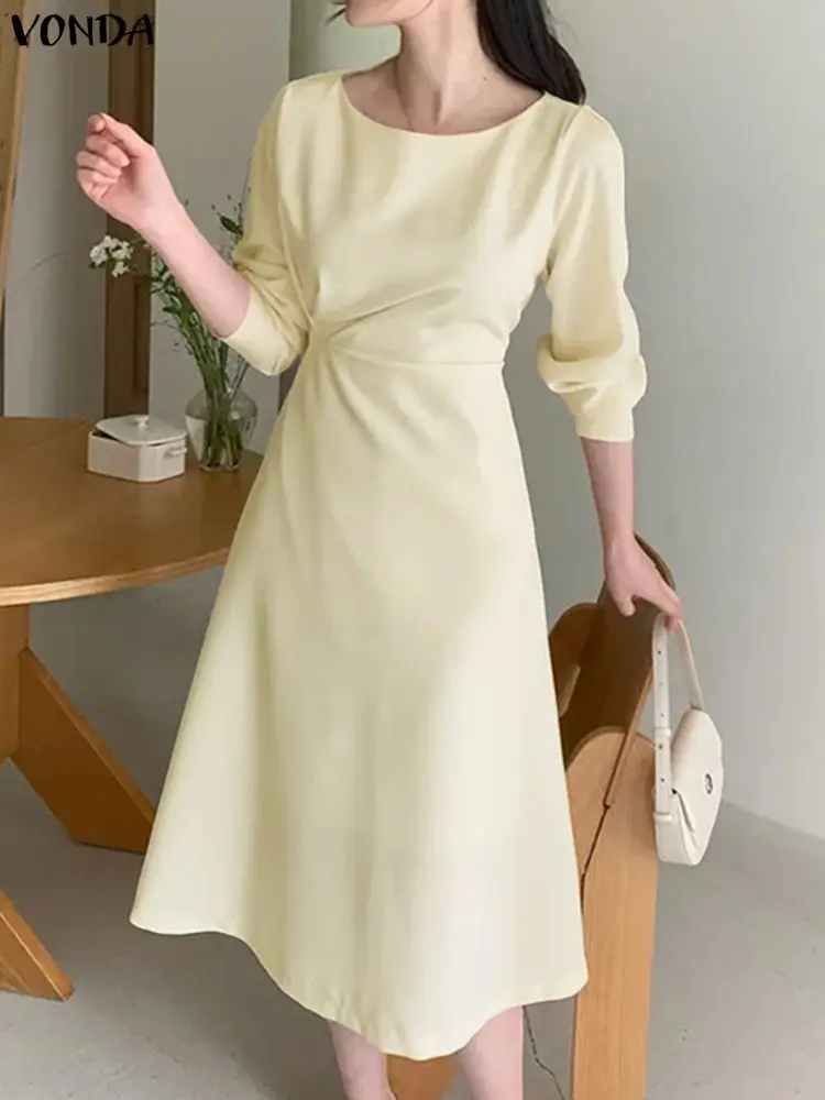 ชุดเดรสปาร์ตี้ VONDA รุ่น Elegant สำหรับผู้หญิง แขนยาว จับจีบ สีพื้น เสื้อเชิ้ตยาวแบบเดรส  แฟชั่นฤดูใบไม้ร่วง 2025 ชุดทำงาน