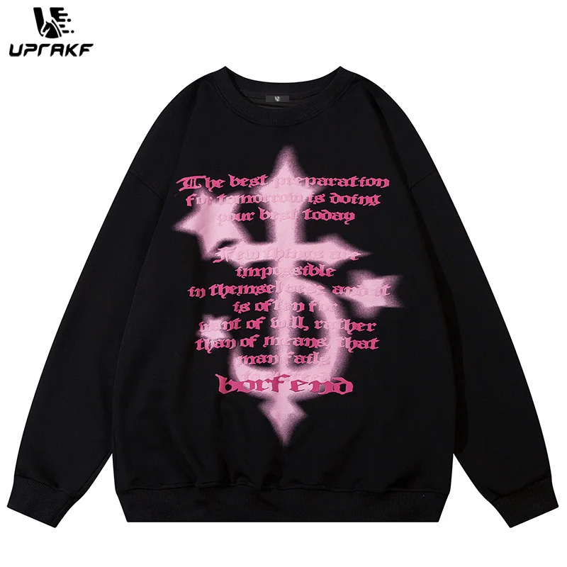 

UPRAKF Streetwear Crew Neck Hoodie Double-sided Graphic Letter Print Pullover Autumn Casual Loose Fashion Long Sleeve