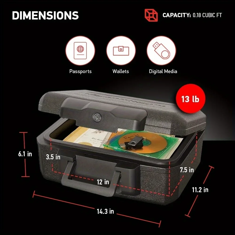 Fireproof safe, key lock, 0.18 cubic feet, black, flat key lock to prevent lid from opening in case of fire; includes 2 keys
